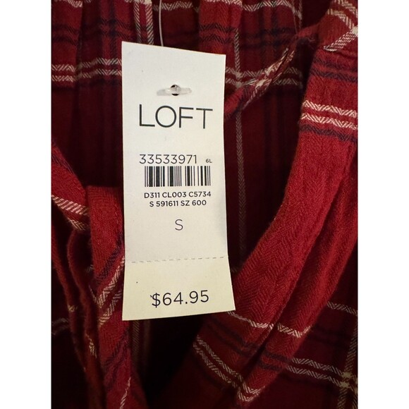 NWT LOFT Tie Neck Puff Sleeve Red Plaid Blouse Sz S Peasant Casual Comfort - Picture 10 of 11